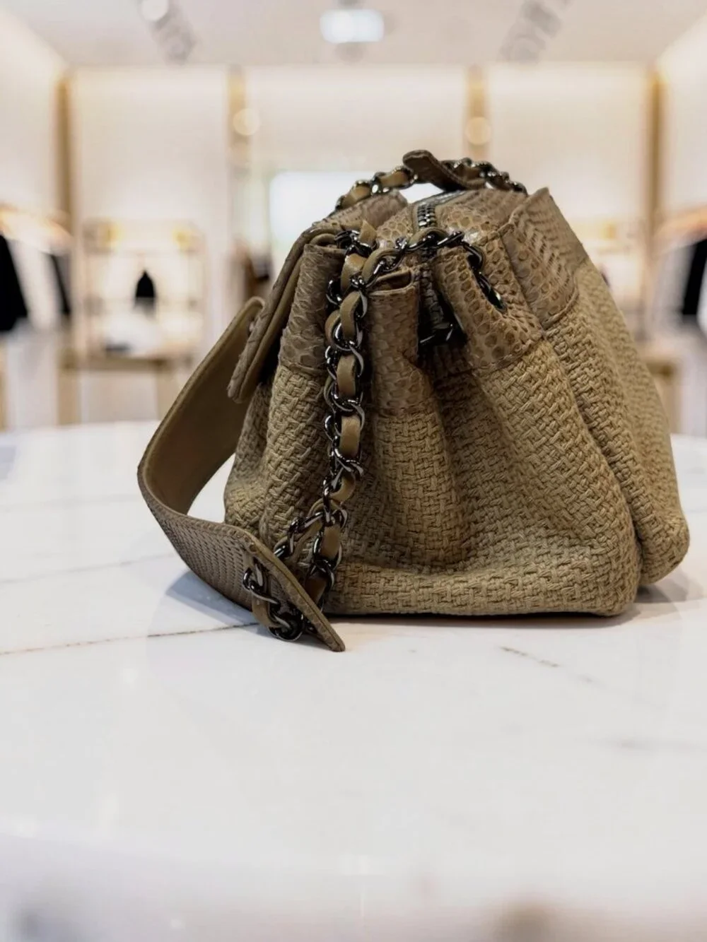 Chanel Python-Trimmed Accordion Flap Bag Taupe Exotic